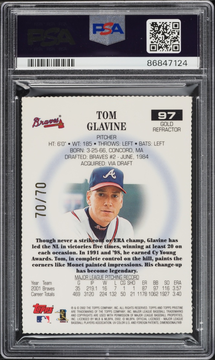 2002 Topps Pristine Gold Refractor Tom Glavine 70/70 #97 PSA 10 GEM MINT