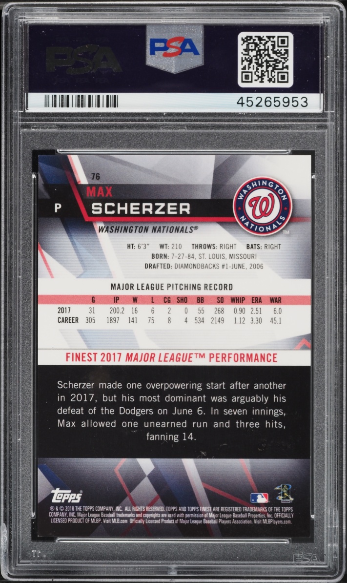 2018 Finest Red Refractor Max Scherzer /5 #76 PSA 9 MINT