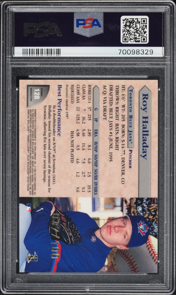 1998 Bowman's Best Atomic Refractor Roy Halladay ROOKIE /100 #128 PSA 9 MINT