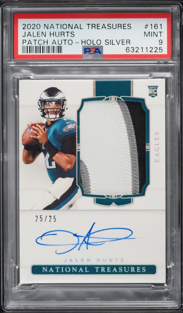 2020 National Treasures Holo Silver Jalen Hurts ROOKIE PATCH AUTO /25 #161 PSA 9 MINT