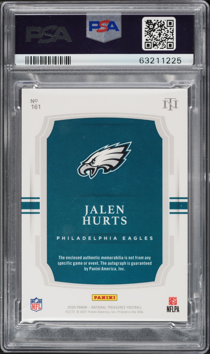 2020 National Treasures Holo Silver Jalen Hurts ROOKIE PATCH AUTO /25 #161 PSA 9 MINT