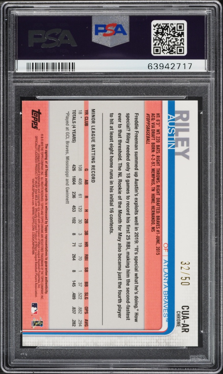 2019 Topps Chrome Update Gold Refractor Austin Riley ROOKIE AUTO /50 PSA 10 GEM MINT