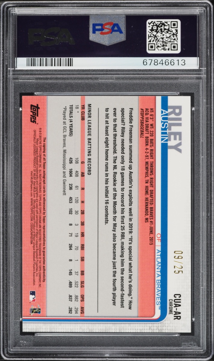 2019 Topps Chrome Update Orange Refractor Austin Riley ROOKIE AUTO DNA /25 #AR PSA 10 GEM MINT