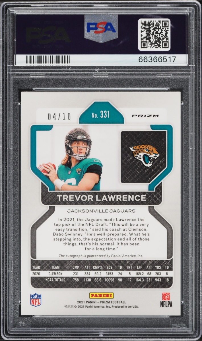 2021 Panini Prizm No Huddle Gold Trevor Lawrence ROOKIE AUTO DNA 10 /10 #331 PSA 8 NM-MT