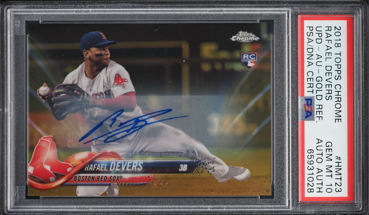 2018 Topps Chrome Update Gold Refractor Rafael Devers ROOKIE AUTO DNA /50 #HMT23 PSA 10 GEM