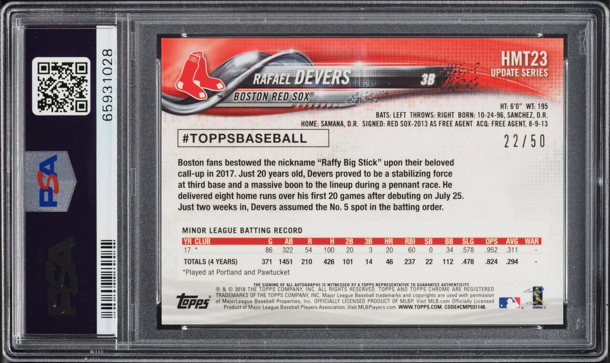 2018 Topps Chrome Update Gold Refractor Rafael Devers ROOKIE AUTO DNA /50 #HMT23 PSA 10 GEM