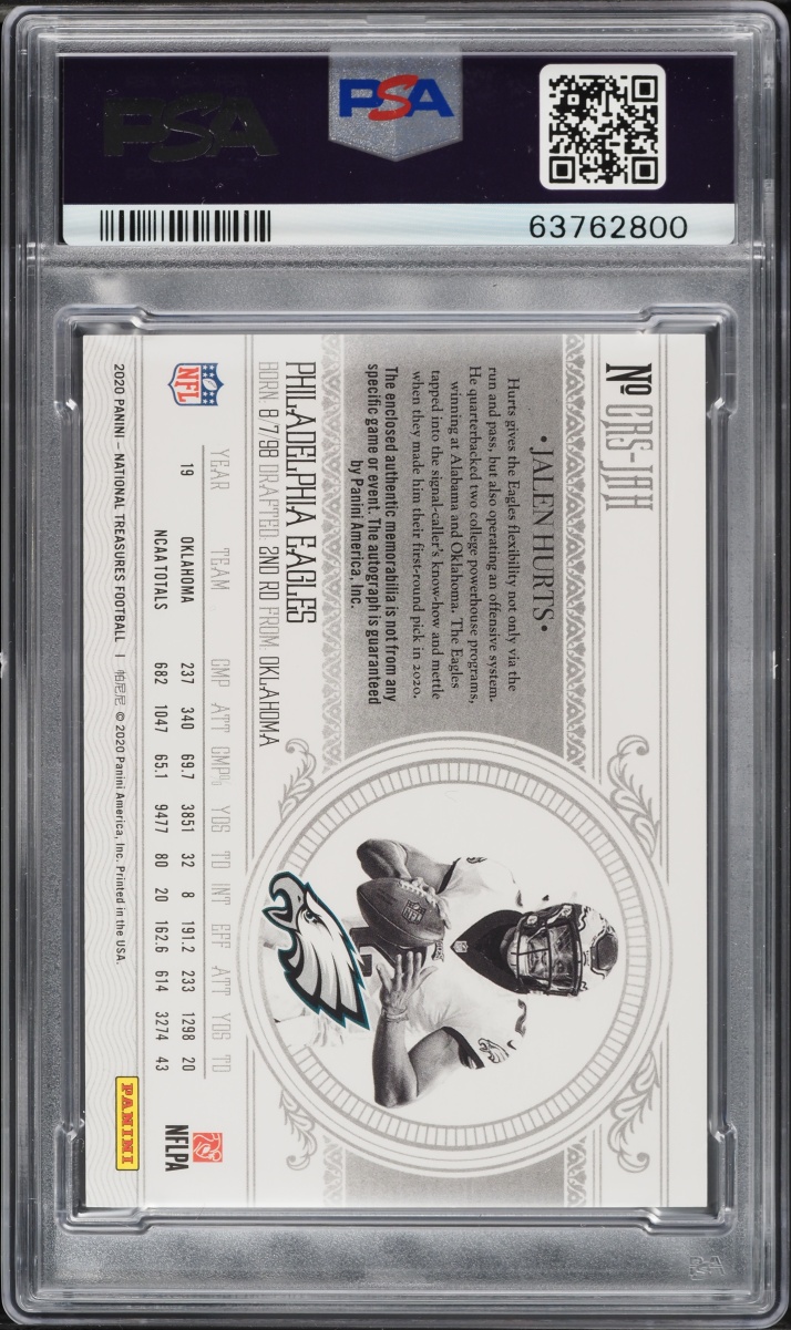 2020 National Treasures Crossover CrossoverJalen Hurts ROOKIE PATCH AUTO #JAH PSA 10 GEM MINT