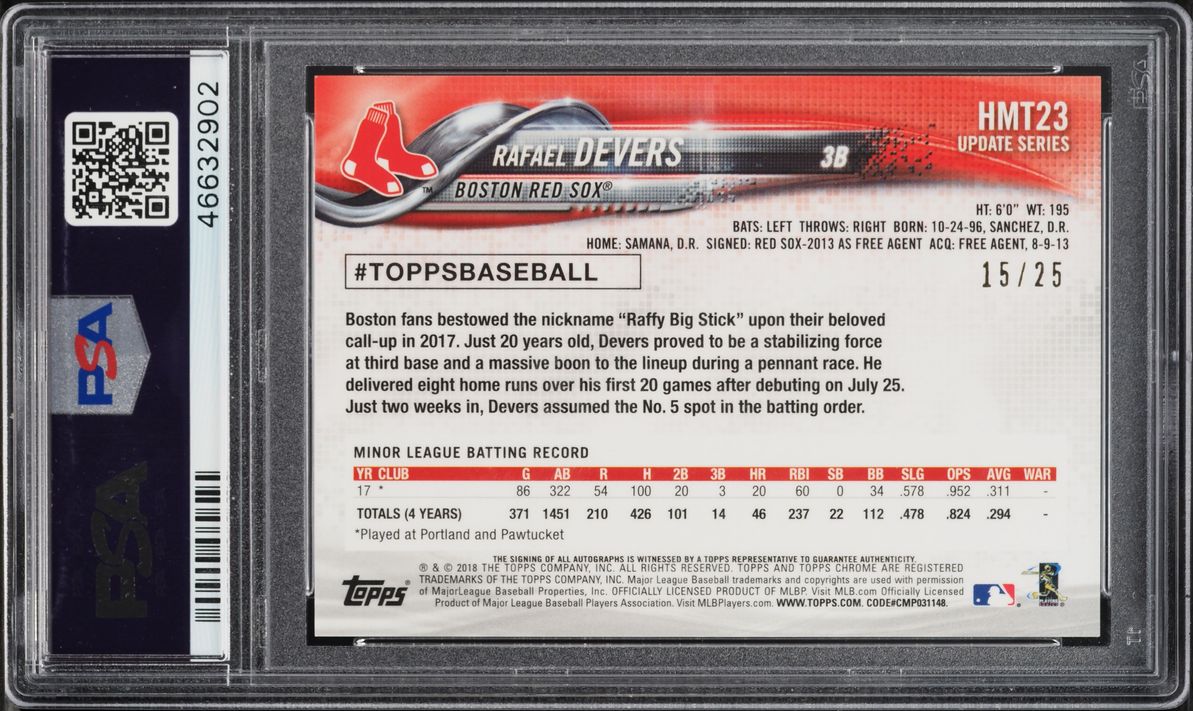 2018 Topps Chrome Update Orange Refractor Rafael Devers ROOKIE AUTO /25 #HMT23 PSA 10 GEM MINT