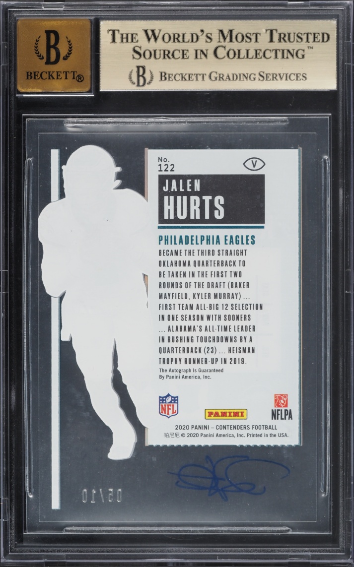 2020 Panini Contenders Clear Ticket Jalen Hurts ROOKIE AUTO /10 #122B BGS 10 PRISTINE