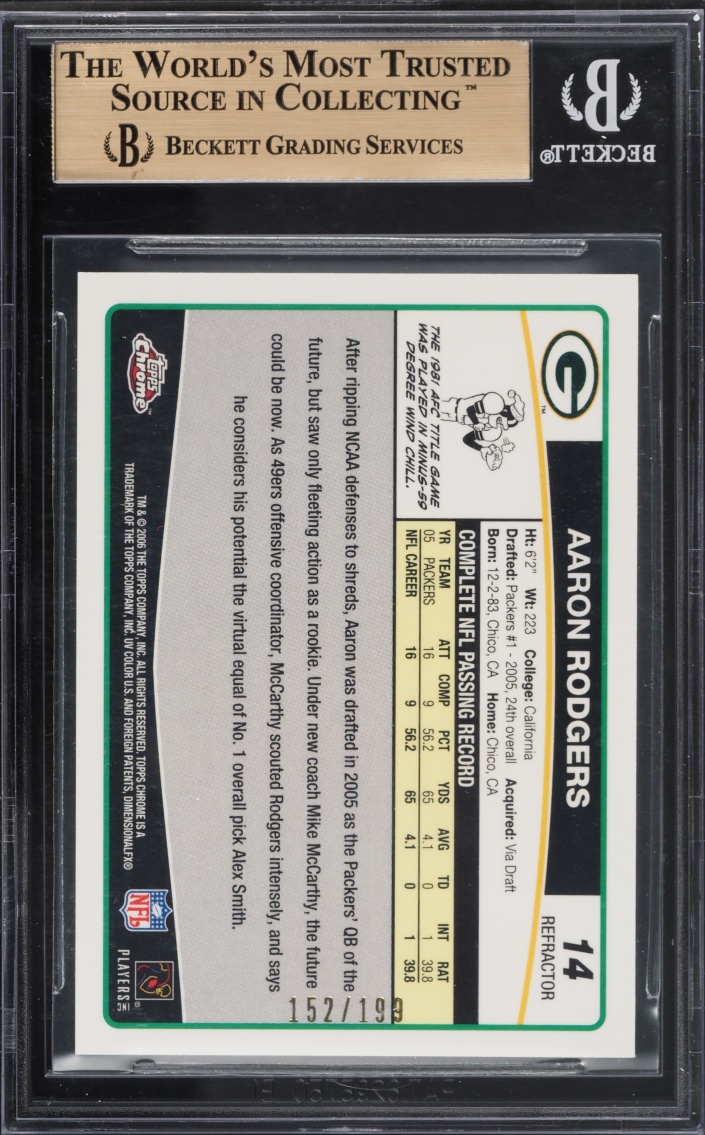 2006 Topps Chrome Black Refractor Aaron Rodgers /199 #14 BGS 9.5 GEM MINT