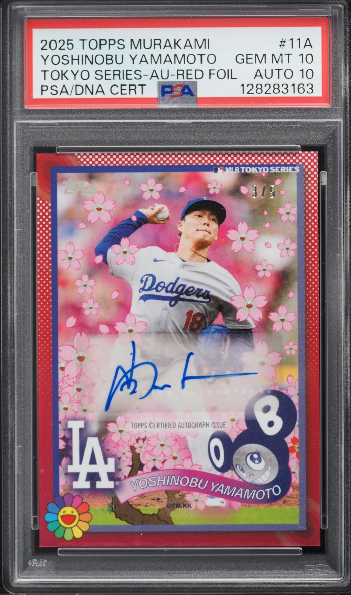 2025 Topps Takashi Murakami MLB Tokyo Series Red Foil Yoshinobu Yamamoto AUTO DNA 10 /5 PSA 10