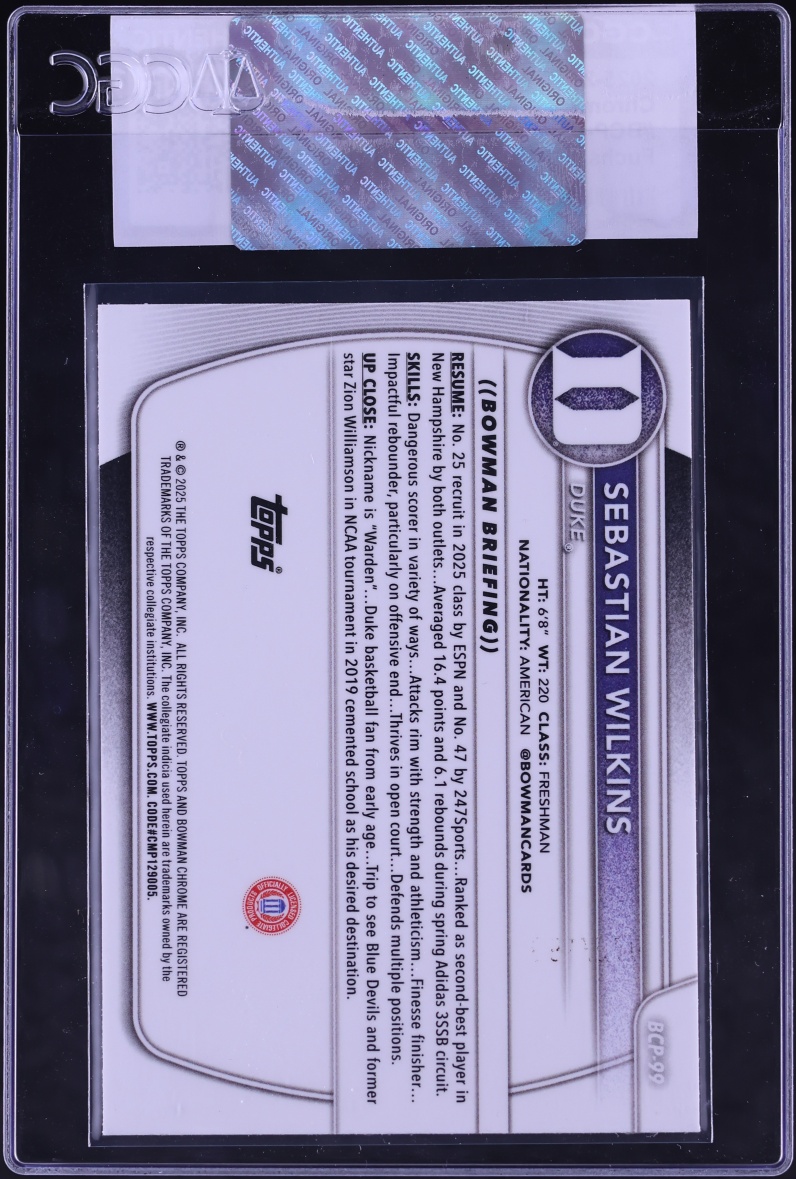 2025 Bowman Chrome University Fuchsia Refractor Sebastian Wilkins /199 #BCP-99 CGC AUTH