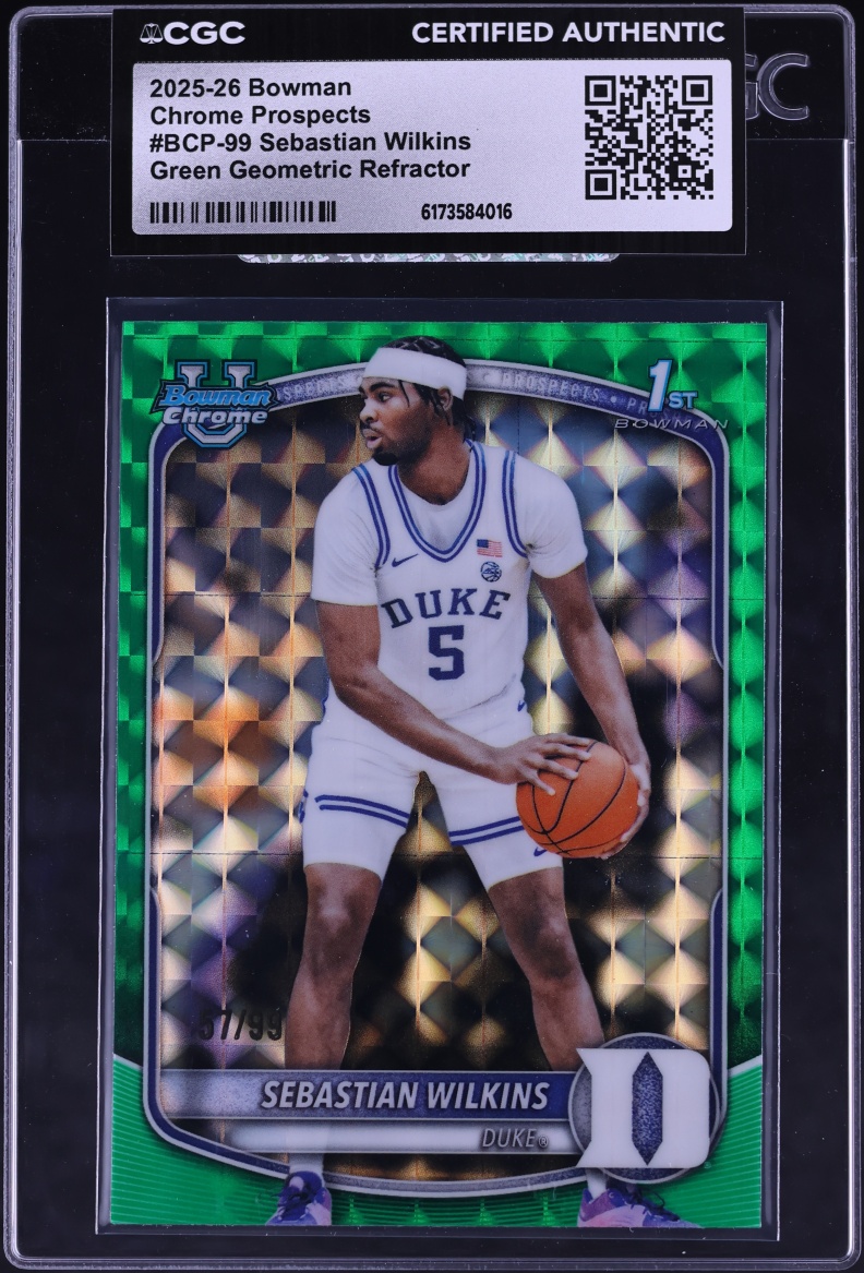 2025 Bowman Chrome University Green Geometric Refractor Sebastian Wilkins /99 #BCP-99 CGC AUTH
