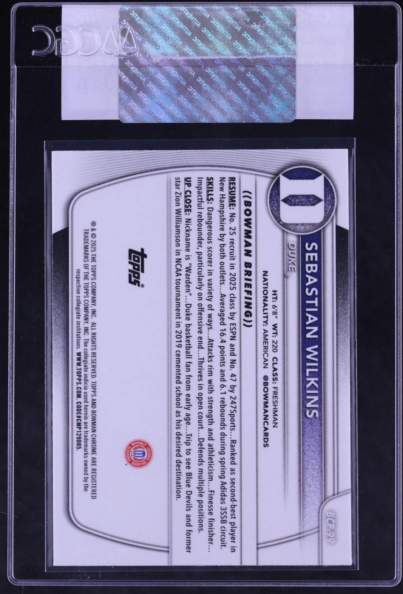 2025 Bowman Chrome University Green Geometric Refractor Sebastian Wilkins /99 #BCP-99 CGC AUTH