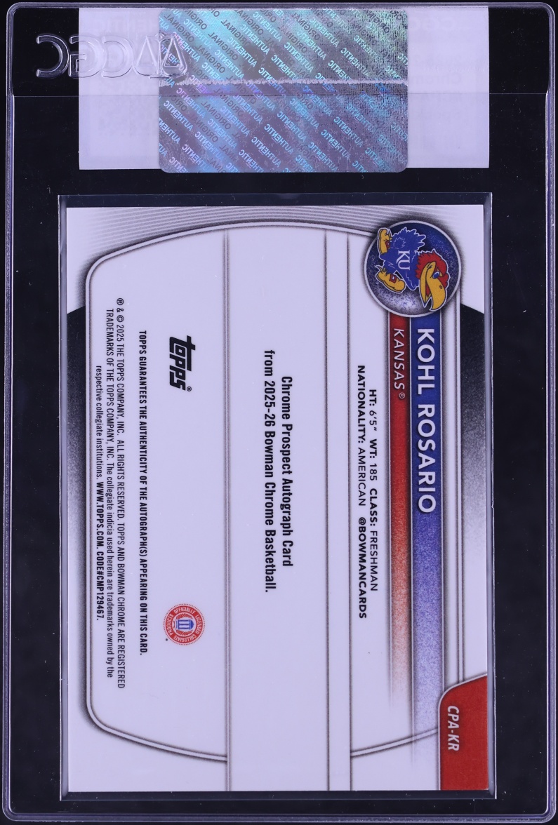 2025 Bowman Chrome University Speckle Refractor Kohl Rosario AUTO /299 #CPA-KR CGC AUTH