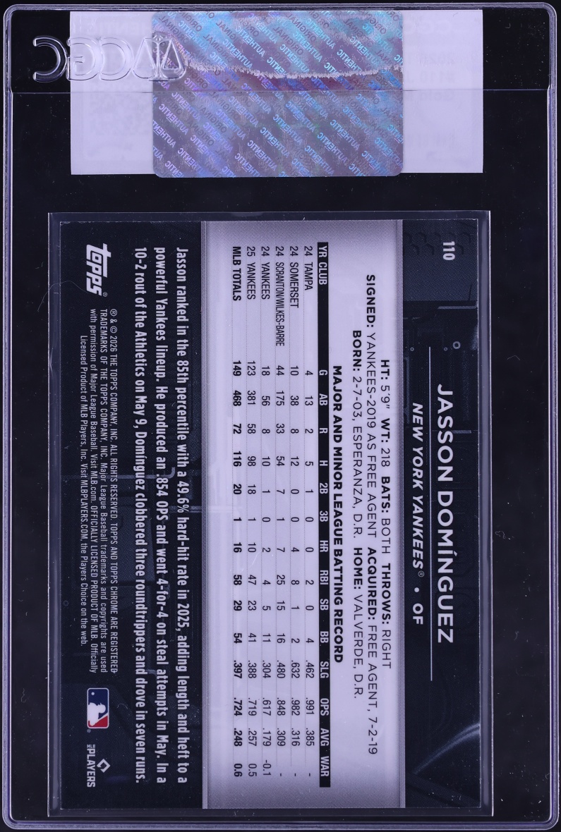 2026 Topps Chrome Black Gold Mini-Diamond Refractor Jasson Dominguez /50 #110 CGC AUTH