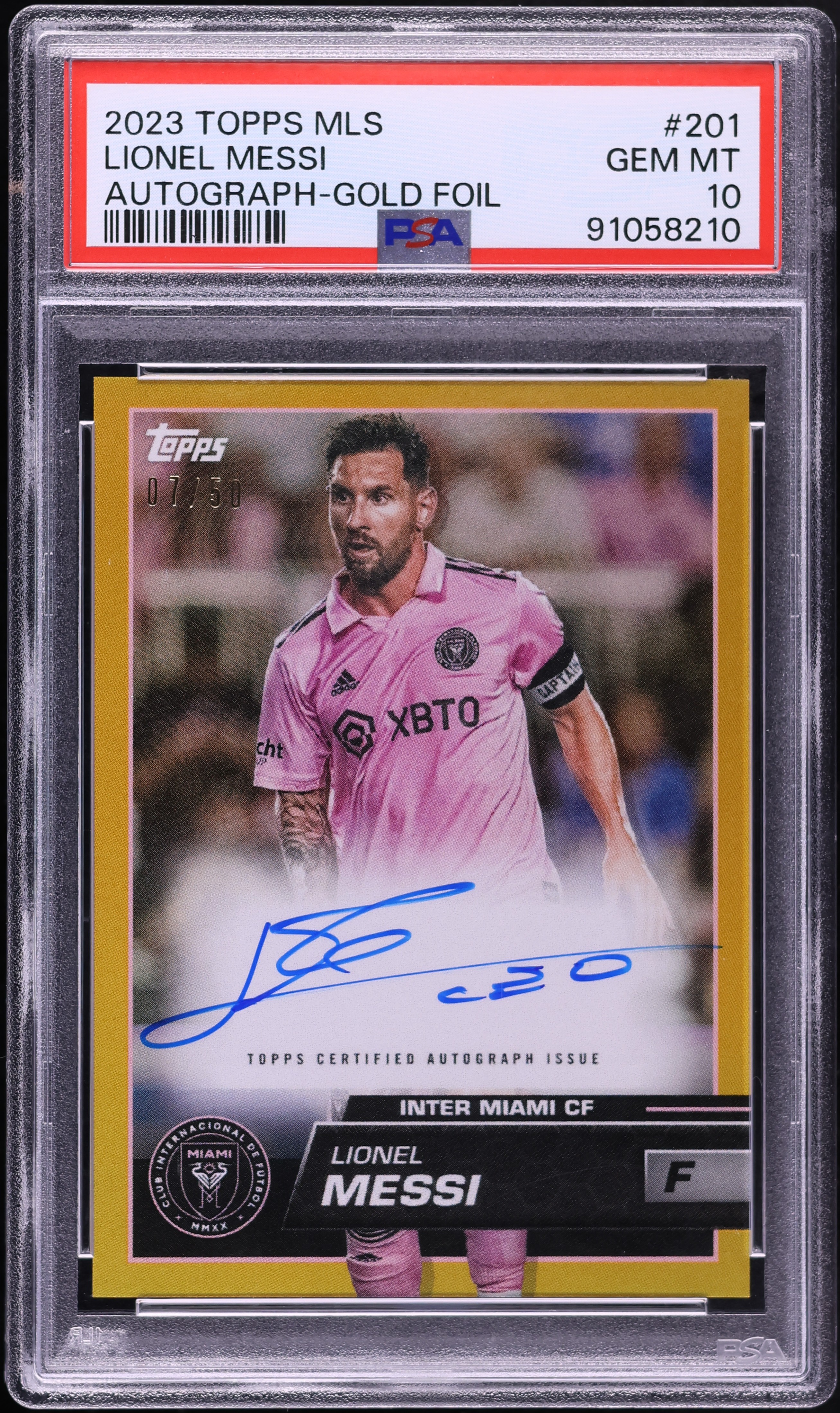 2023 Topps MLS Gold Foil Lionel Messi AUTO /50 #201 PSA 10 GEM