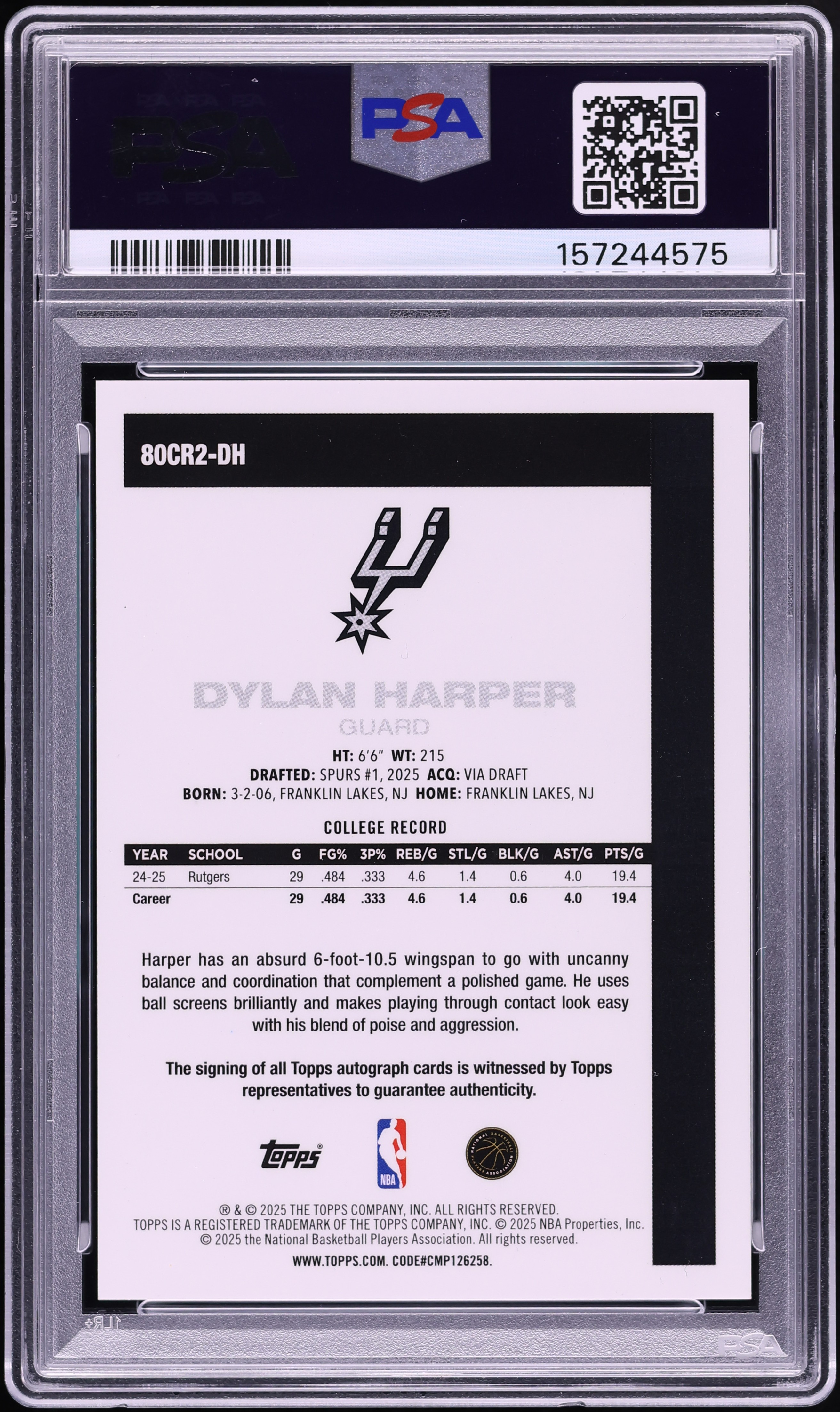 2025 Topps Chrome Silver Pack '80 Black Dylan Harper ROOKIE AUTO