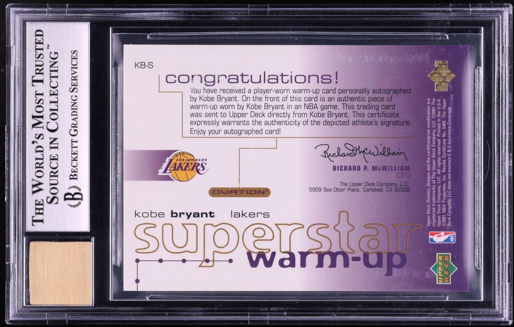 2001 Upper Deck Ovation Superstar Warm-Ups Kobe Bryant PATCH AUTO #KB-S BGS 9 MINT