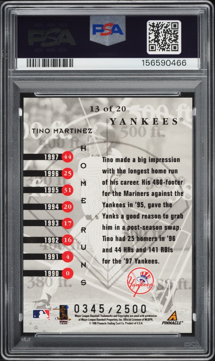 1998 Pinnacle Performers Big Bang Tino Martinez /2500 #13 PSA 10 GEM MINT