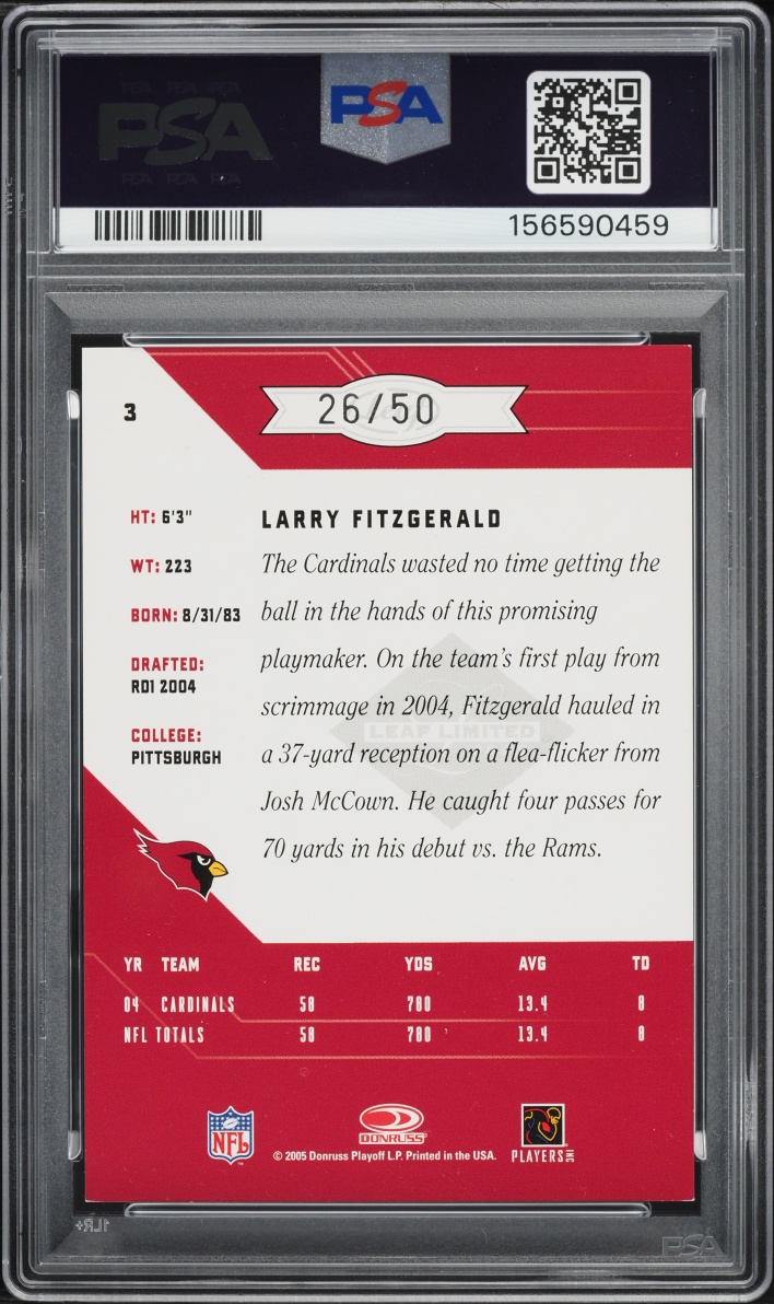 2005 Leaf Limited Silver Spotlight Larry Fitzgerald /50 #3 PSA 7 NRMT