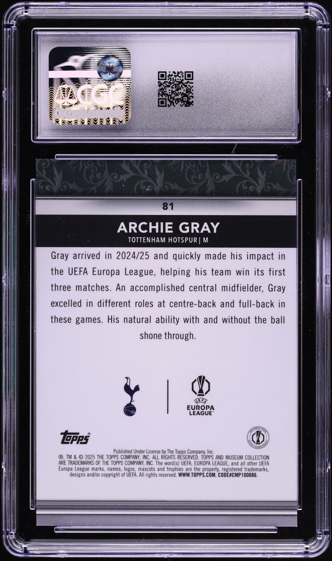 2024 Topps Museum Collection UEFA Club Competitions Ruby Archie Gray ROOKIE #81 CGC 10 GEM MINT
