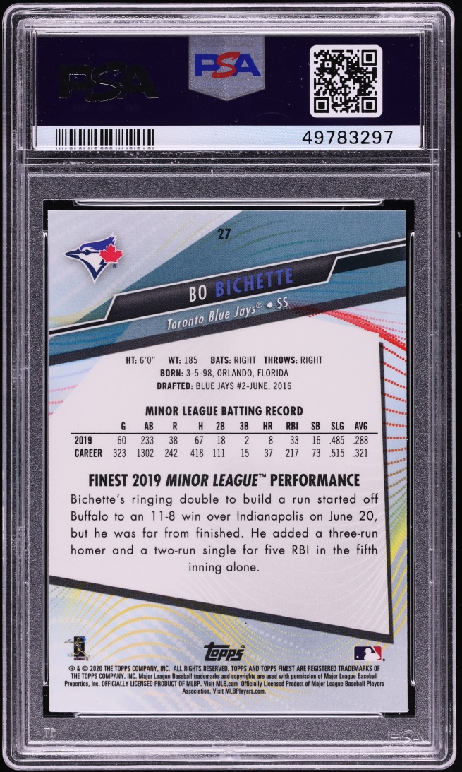 2020 Finest Bo Bichette ROOKIE #27 PSA 10 GEM MINT