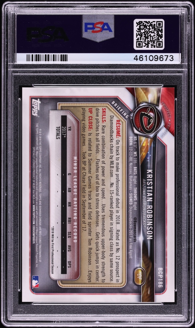 2018 Bowman Chrome Purple Refractor Kristian Robinson ROOKIE /250 #BCP186 PSA 9 MINT