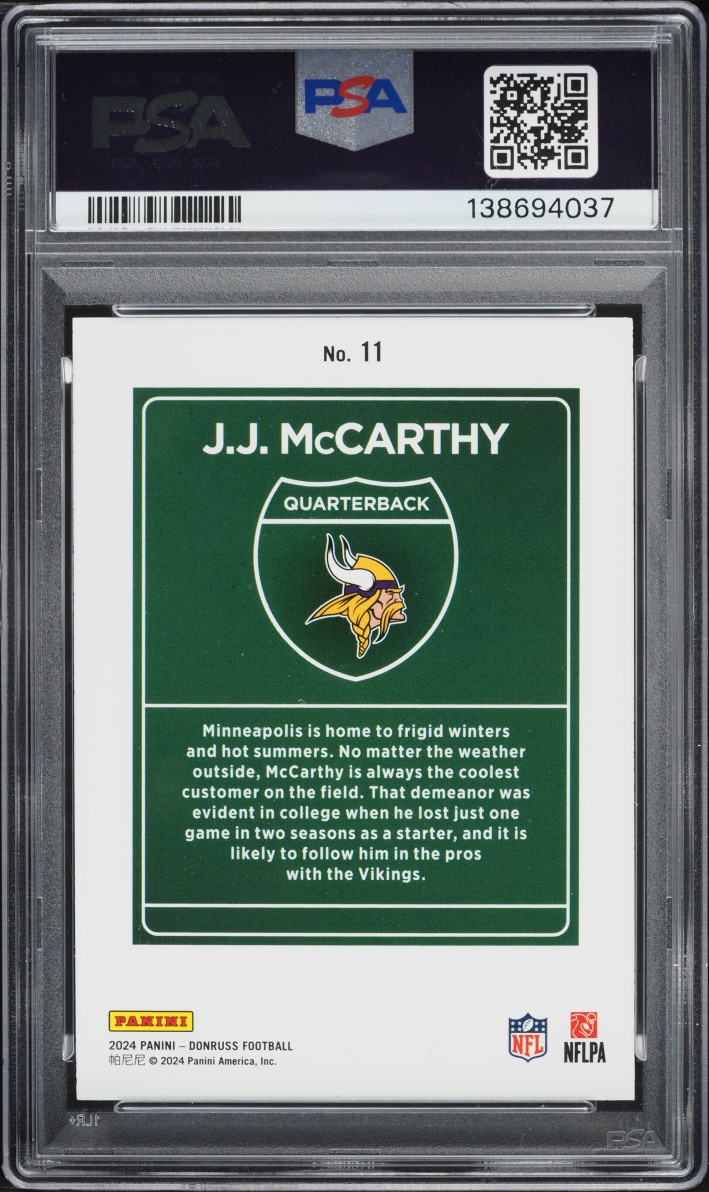 2024 Donruss Downtown J.J. McCarthy ROOKIE #11 PSA 9 MINT