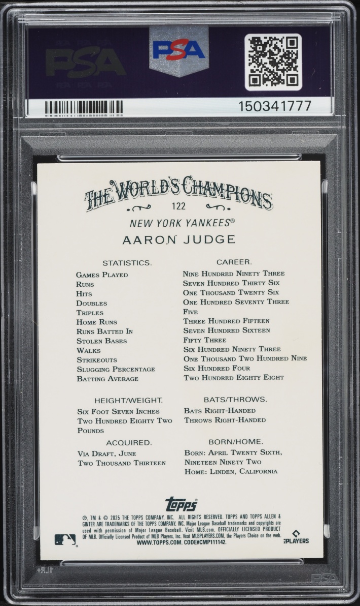 2025 Topps Allen & Ginter Chrome Aaron Judge #122 PSA 10 GEM MINT