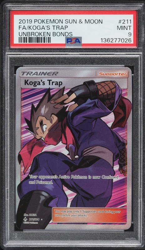 2019 Pokemon Sun & Moon Unbroken Bonds Full Art Koga's Trap #211 PSA 9 MINT