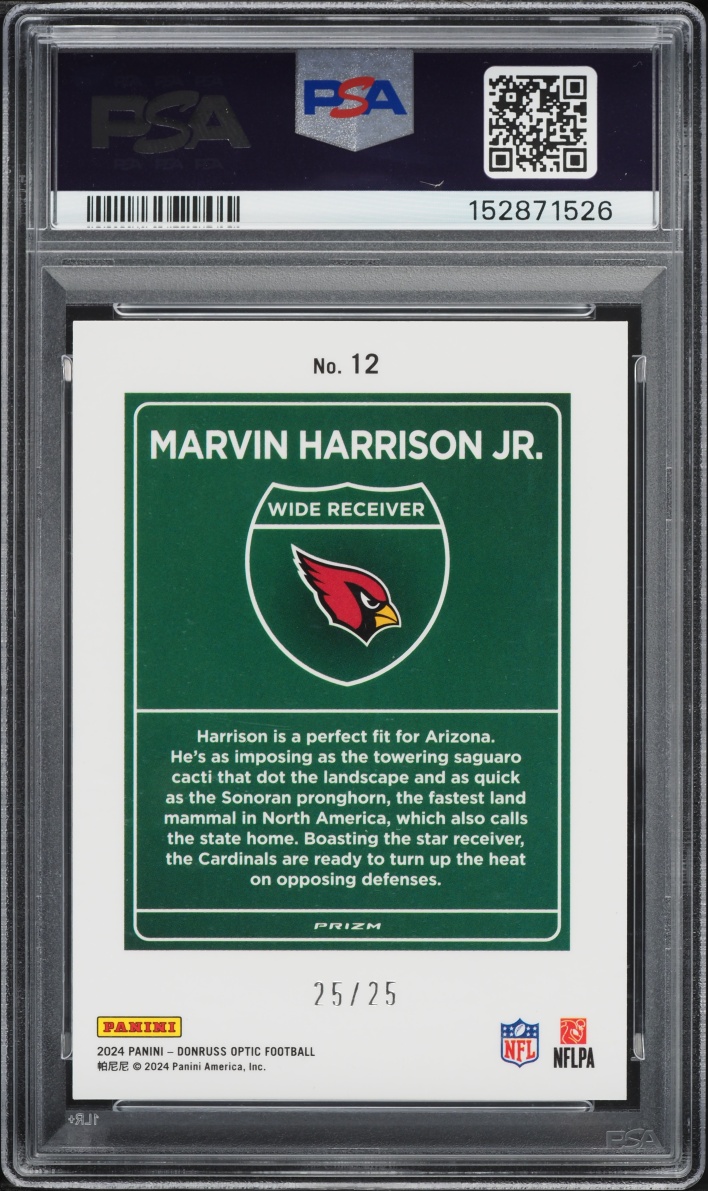 2024 Donruss Optic Downtown Black Pandora Marvin Harrison Jr. ROOKIE 25/25 #12 PSA 8 NM-MT