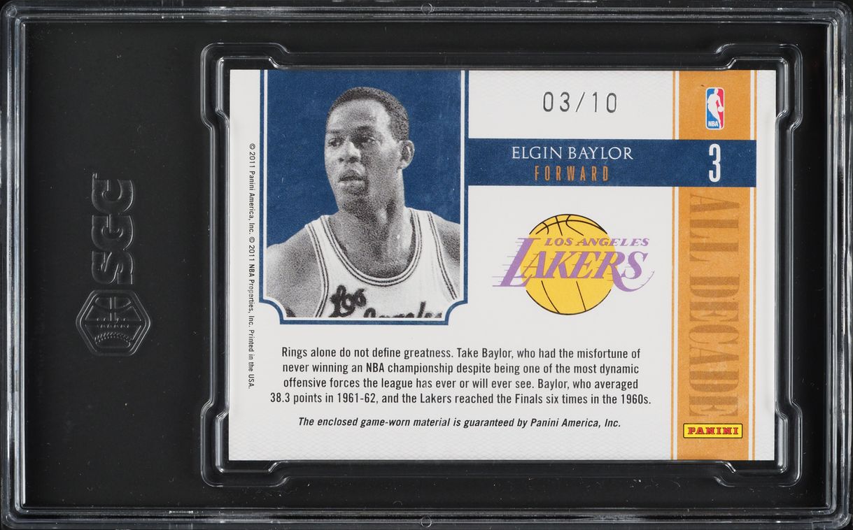 2010 Panini Playoff National Treasures All Decade Prime Elgin Baylor PATCH /10 #3 SGC 10 GEM