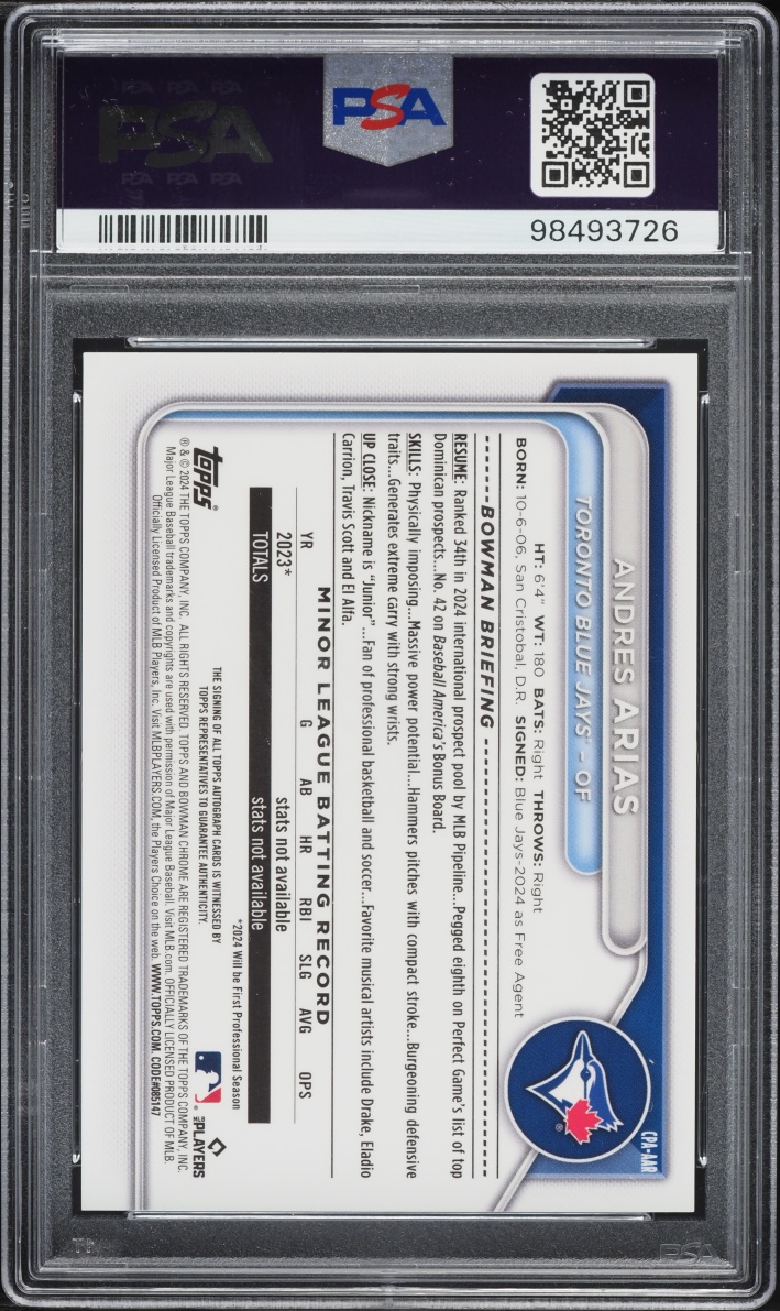 2024 Bowman Chrome Gold Mini Diamond Refractor Andres Arias PROSPECT AUTO /50 #CPAAAR PSA 10