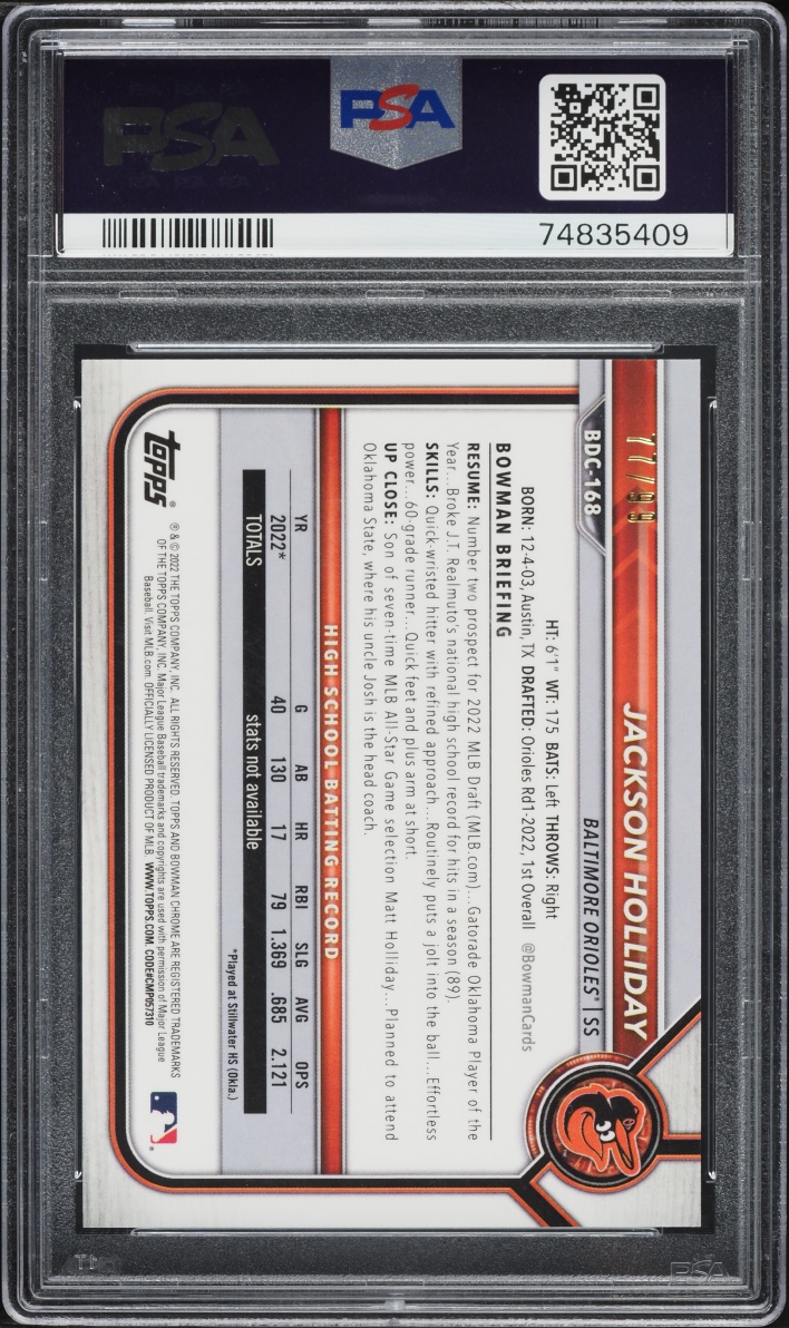 2022 Bowman Chrome Draft Green Sparkle Jackson Holliday PROSPECT /99 #BDC-168 PSA 9 MINT