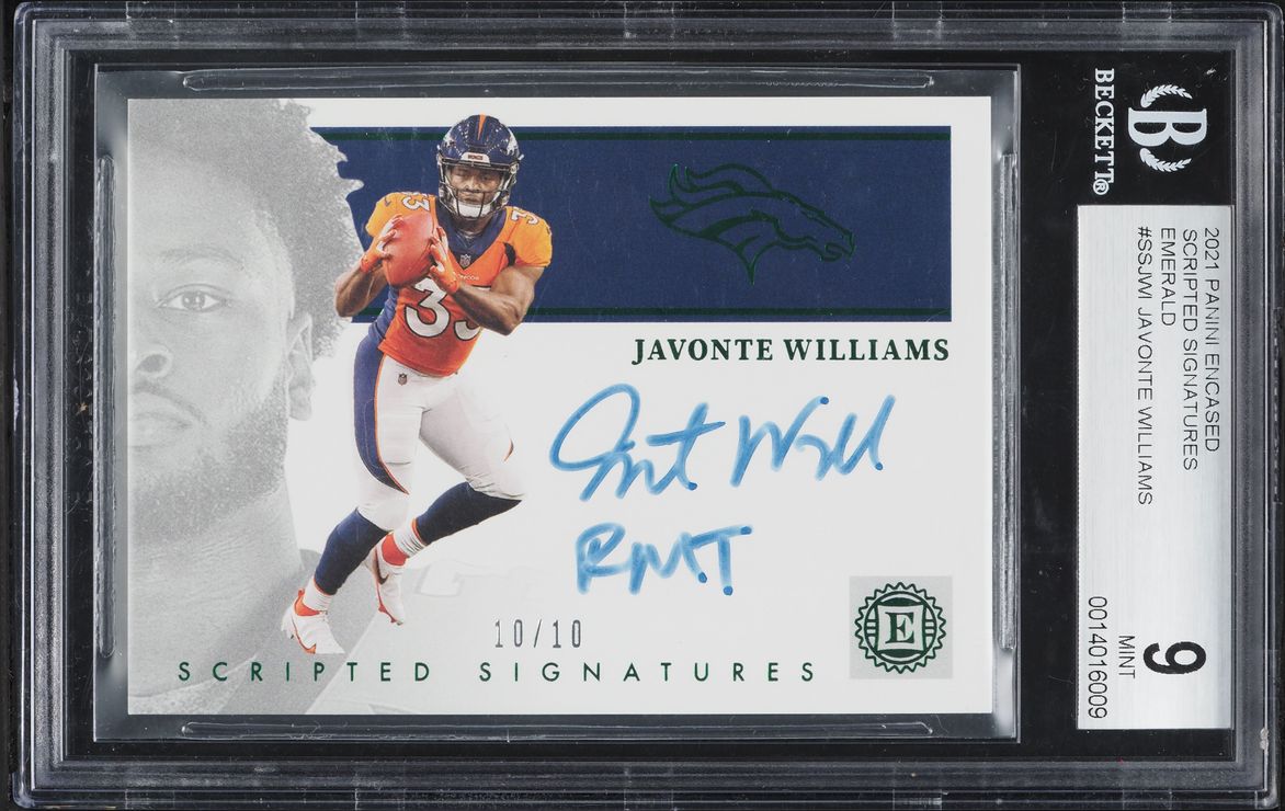 2021 Panini Encased Scripted Signatures Emerald Javonte Williams AUTO 10/10 #SSJWI BGS 9 MINT