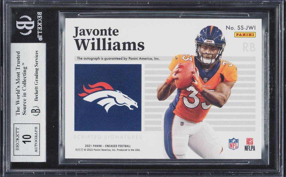2021 Panini Encased Scripted Signatures Emerald Javonte Williams AUTO 10/10 #SSJWI BGS 9 MINT