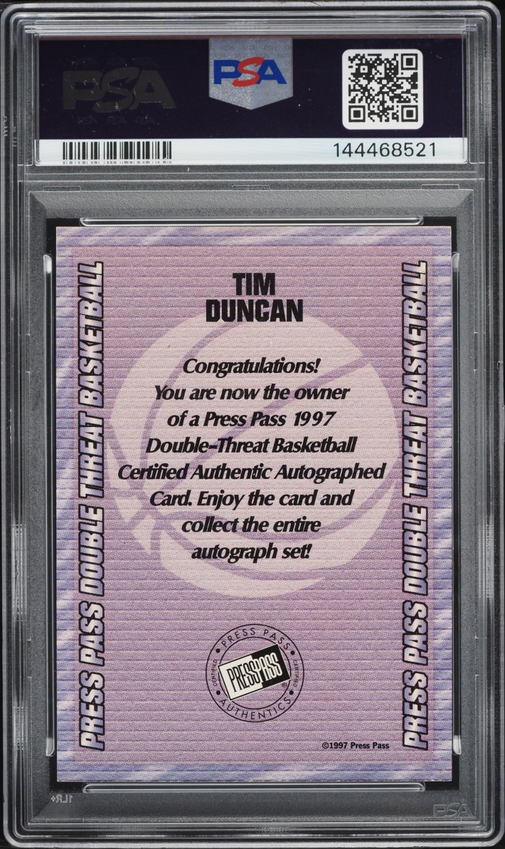 1997 Press Pass Double Threat Tim Duncan ROOKIE AUTO DNA PSA 4 VGEX