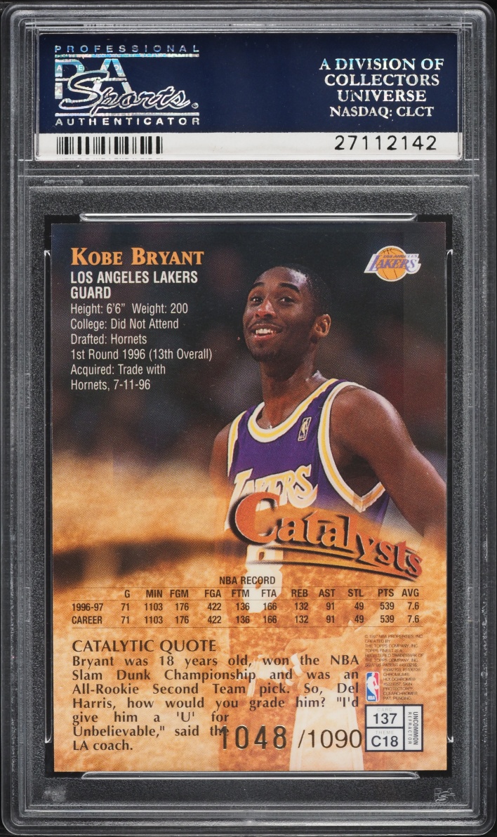 1997 Finest Embossed Refractor w/Coating Kobe Bryant /1090 #137 PSA 10 GEM MINT