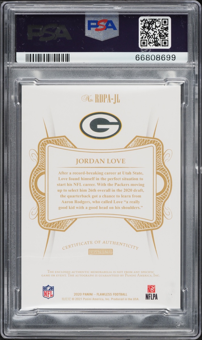 2020 Panini Flawless Dual Bronze Jordan Love ROOKIE PATCH AUTO /6 #RDPAJL PSA 10 GEM MINT