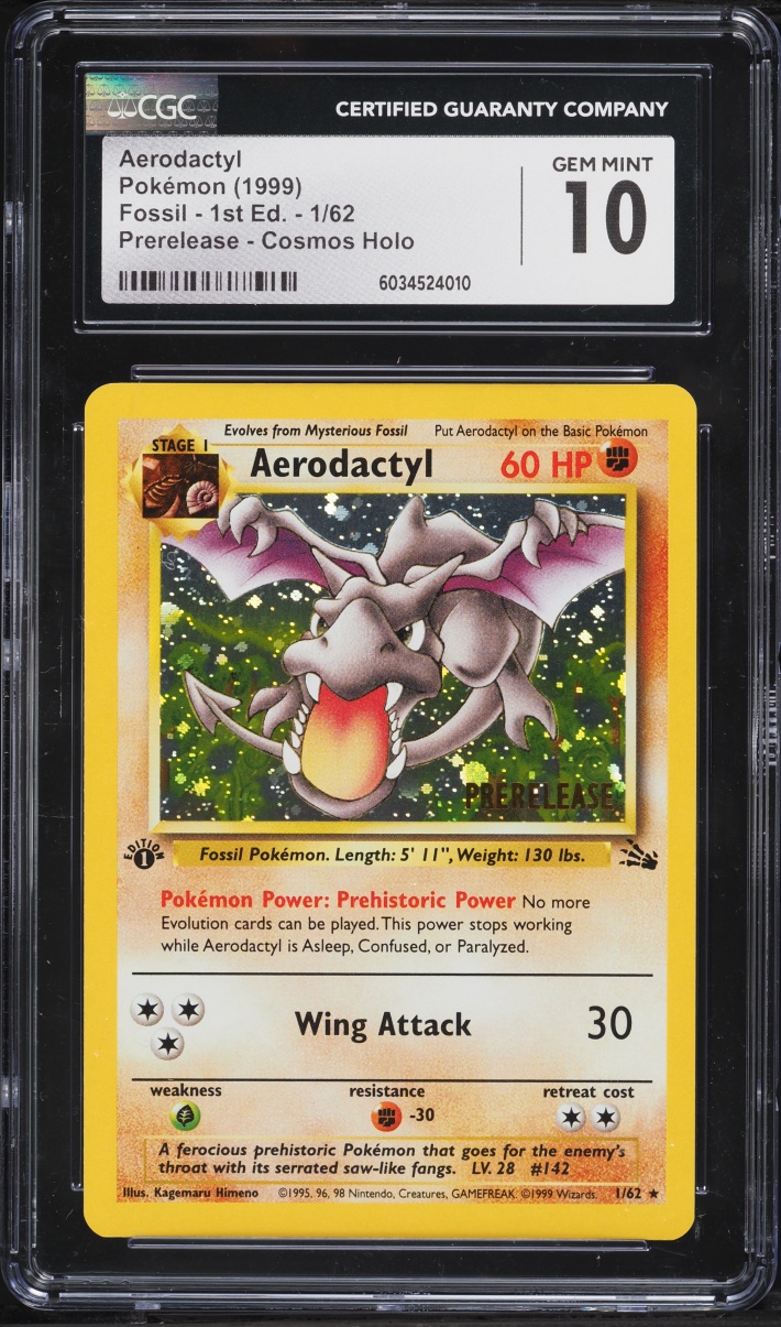 1999 Pokemon Fossil 1st Edition Prerelease Cosmos Holo Aerodactyl #1 CGC 10 GEM MINT
