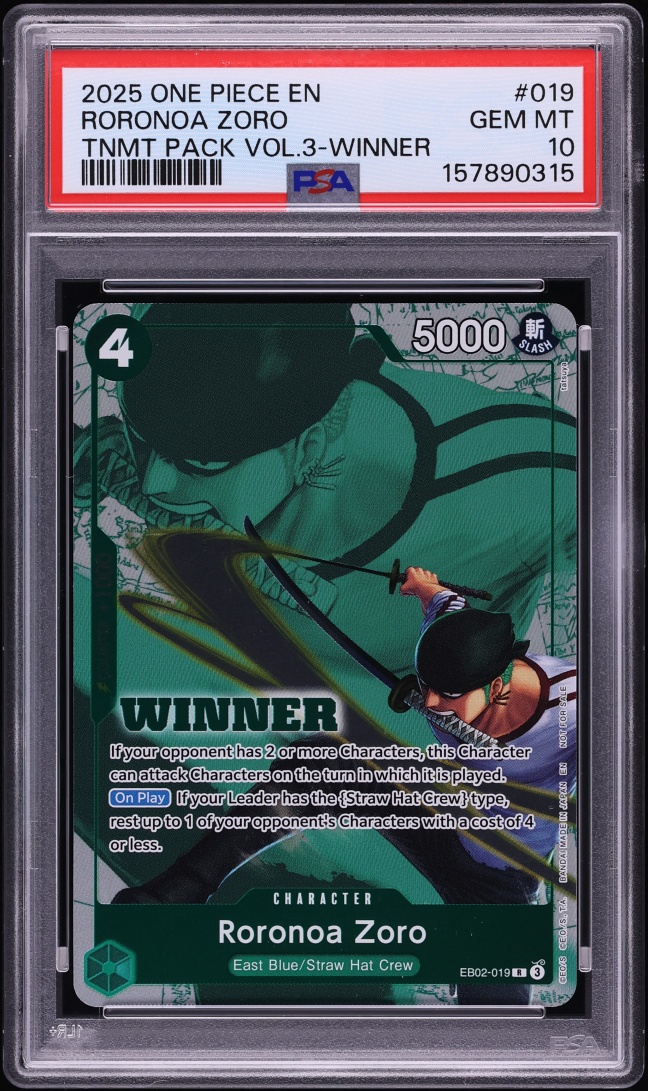 2025 One Piece Tournament Pack Volume 3 Winner Roronoa Zoro #EB02-019 PSA 10 GEM MINT