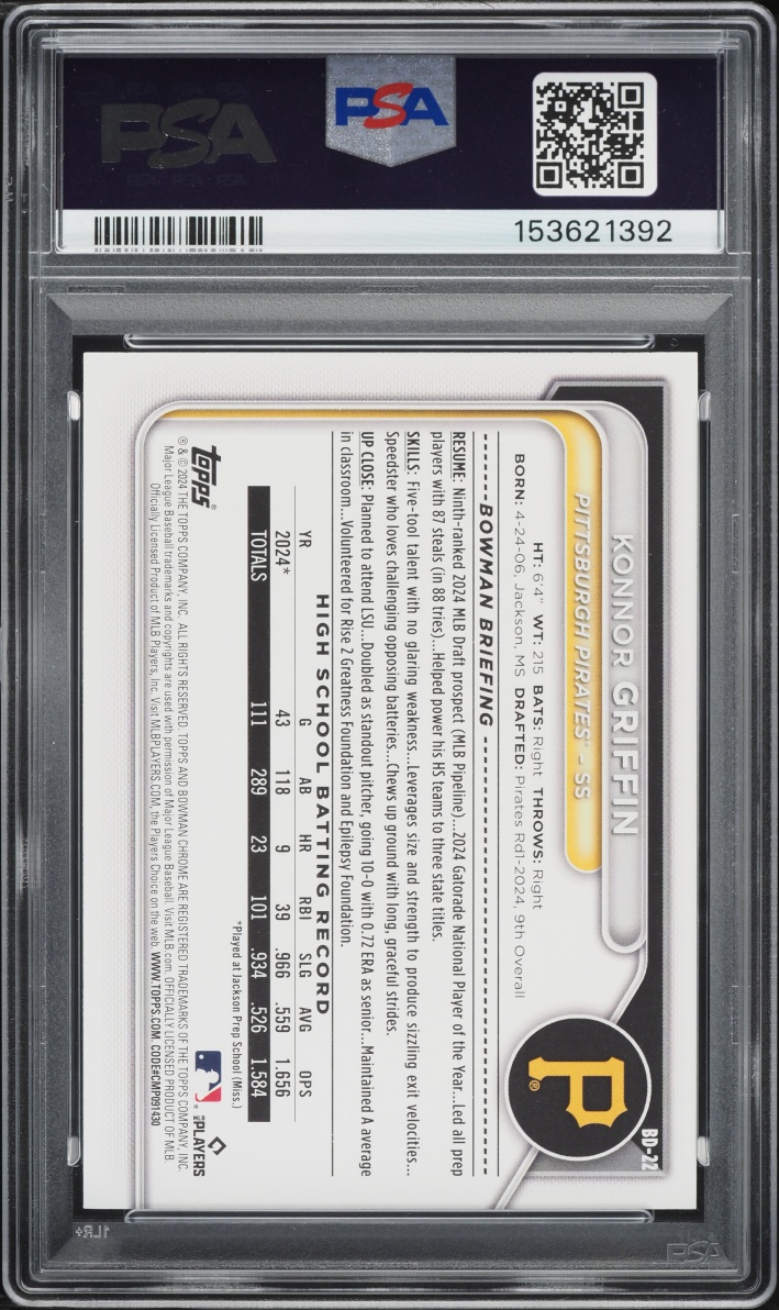 2024 Bowman Draft Konnor Griffin PROSPECT #BD-22 PSA 10 GEM MINT