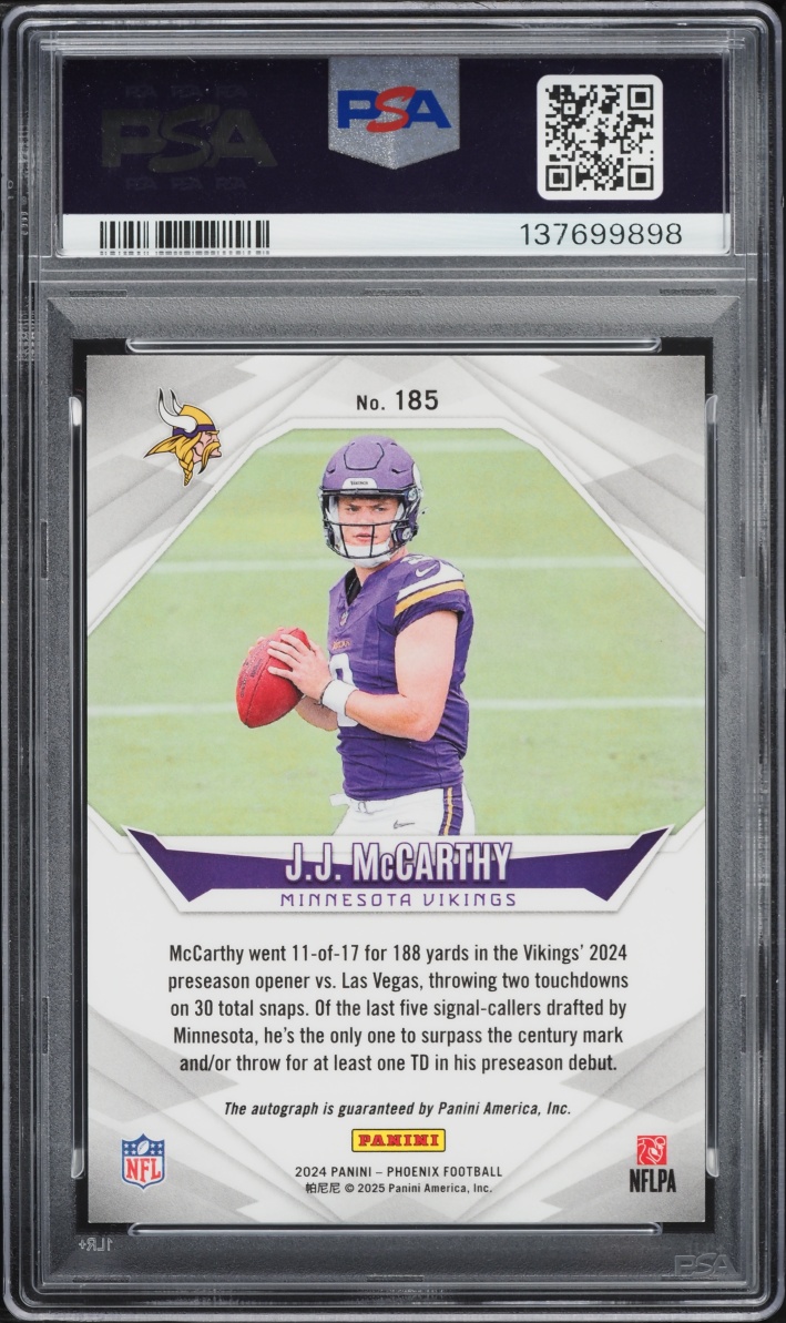 2024 Panini Phoenix Lazer J.J. McCarthy ROOKIE AUTO #185 PSA 10 GEM MINT