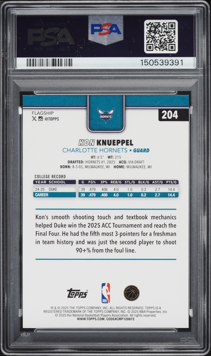 2025 Topps Basketball Kon Knueppel ROOKIE #204 PSA 10 GEM MINT