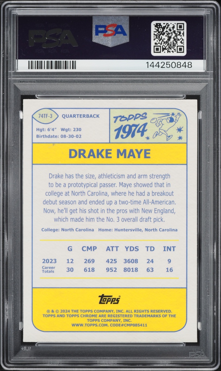 2024 Topps Chrome '74 Lazer Refractor Drake Maye ROOKIE #74TF-3 PSA 10 GEM MINT