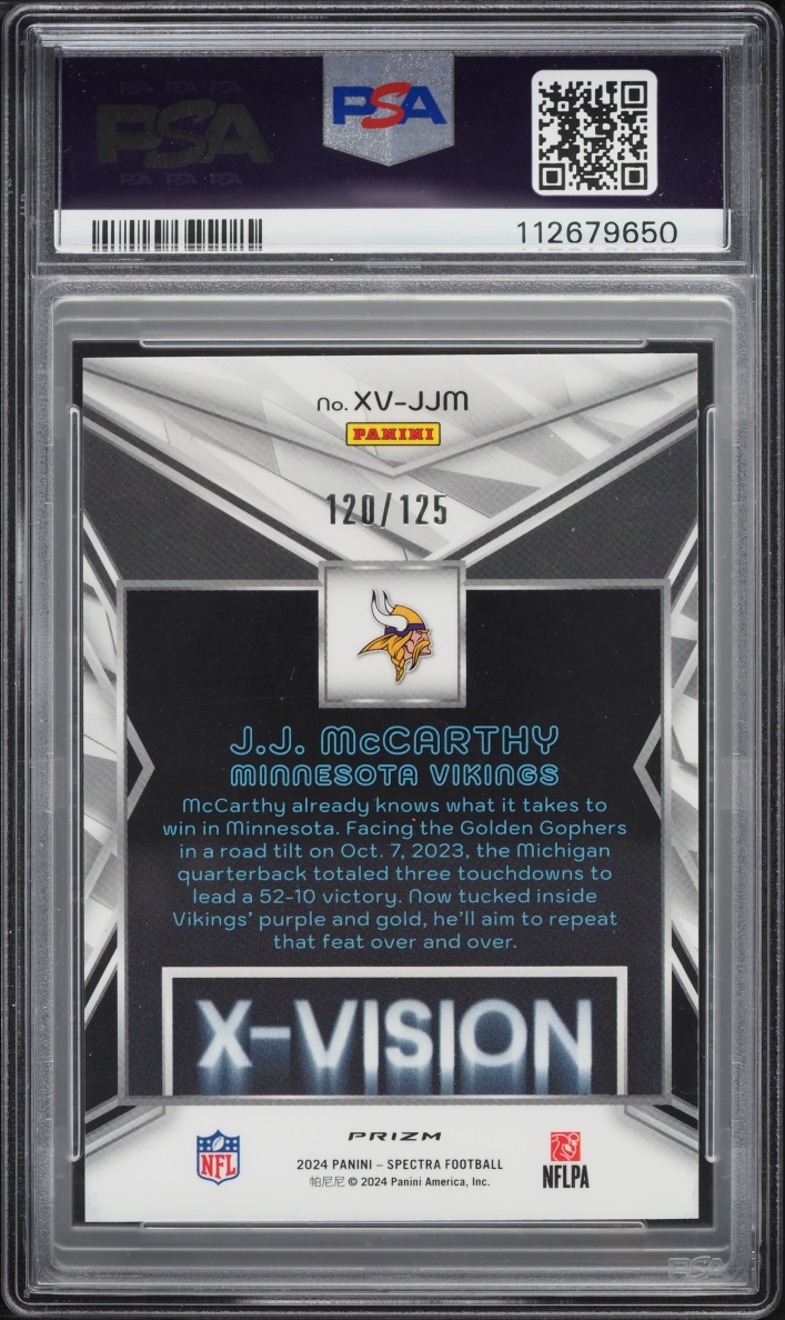 2024 Panini Spectra X-Vision J.J. McCarthy ROOKIE /125 #XV-JJM PSA 10 GEM MINT
