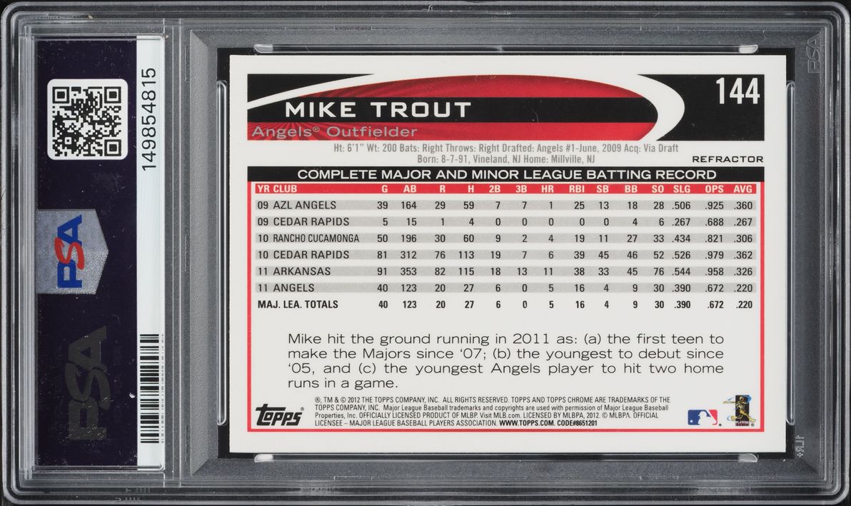 2012 Topps Chrome Refractor Mike Trout #144 PSA 10 GEM MINT