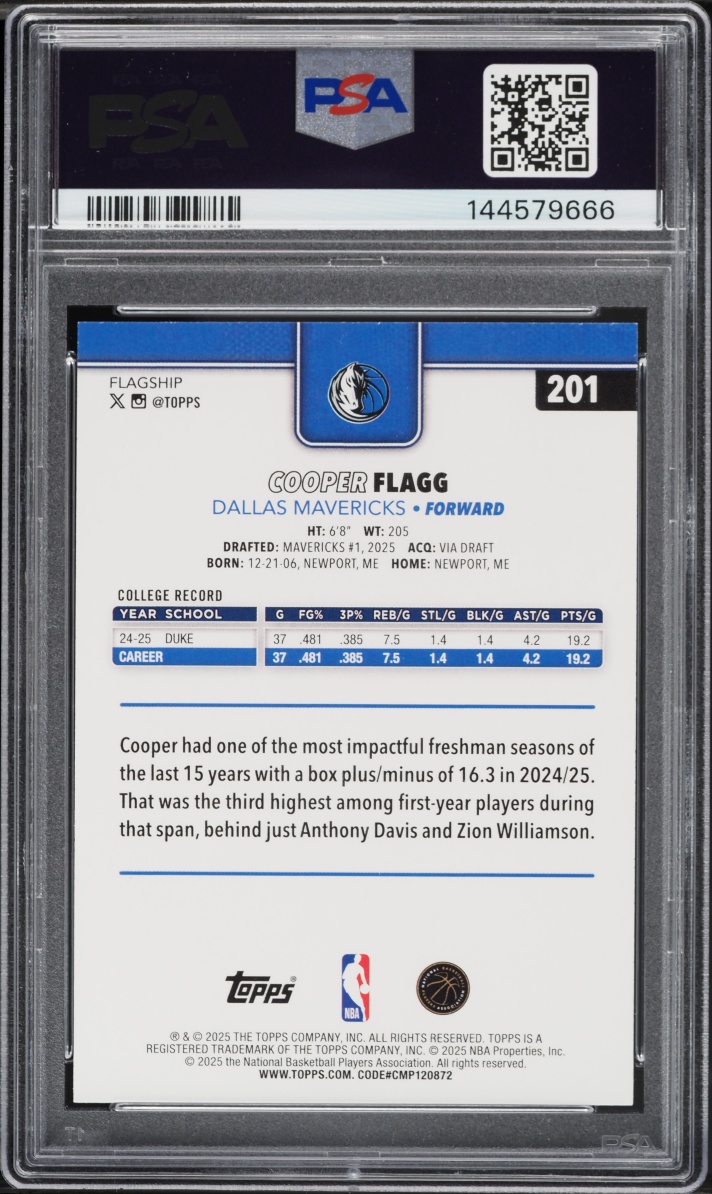 2025 Topps Basketball Cooper Flagg ROOKIE #201 PSA 9 MINT