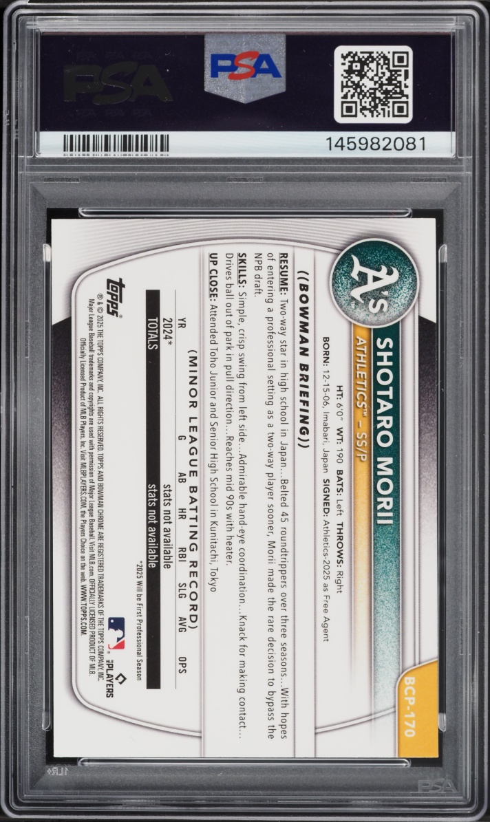 2025 Bowman Chrome Mega Box Shotaro Morii PROSPECT #170 PSA 10 GEM MINT